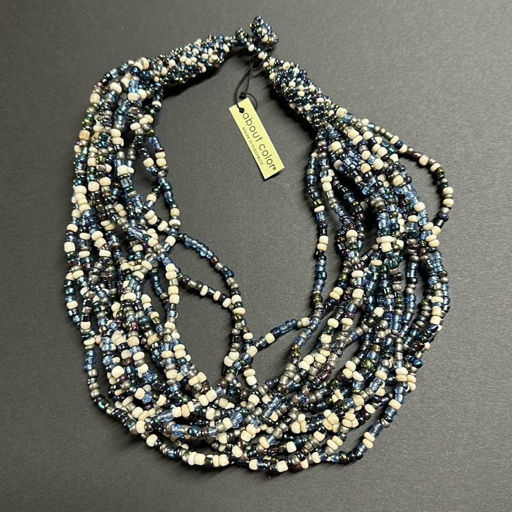 15-Strand Blue & Cream Beaded Necklace